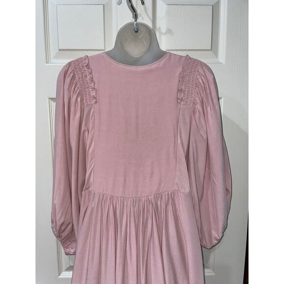 New Mustard Seed Pink Midi Dress With Puff Sleeves & Smocked Shoulders  Size S P - Picture 9 of 10